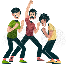 Cartoon illustration of three excited young men dancing or celebrating. They're wearing green, red, and yellow shirts with blue pants, showing energetic poses with raised arms and enthusiastic expressions.